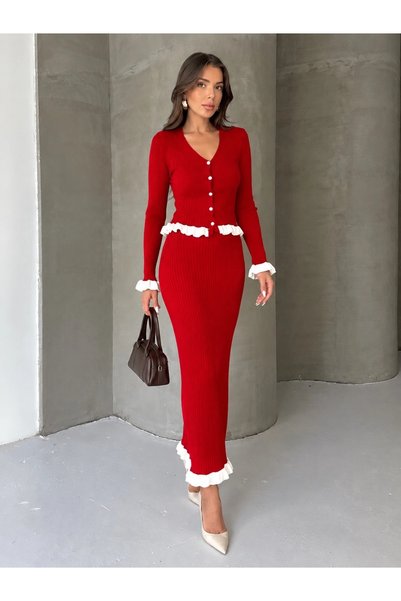 Lusin Bluză cu fustă roșie cu volane pentru femei, set elegant de tricotaje (...
