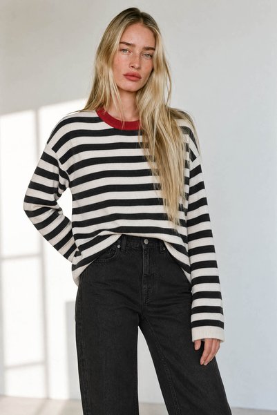 Sue Store Black and White Crew Neck Knit Sweater