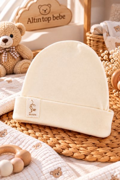 altıntop bebe Baby Cotton Nature Printed Cream Color Folded Newborn Baby Hat