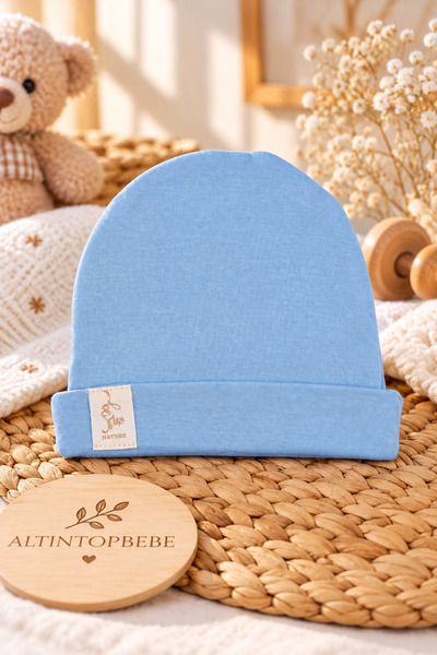 altıntop bebe Baby Cotton Nature Printed Blue Folded Newborn Baby Hat