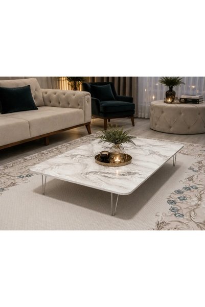 marpas Mermer Desenli Katlanır Yer Sofrası 70x120 cm – MDF Gövde – Beyaz Mode...