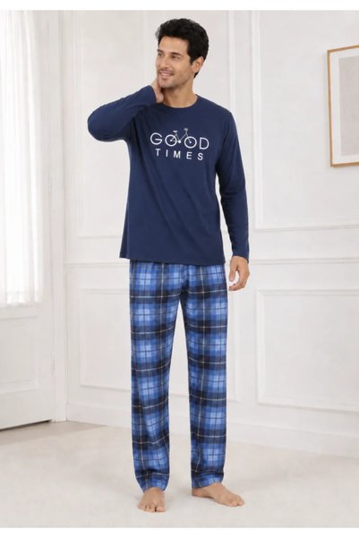 TOSKI Pijama Bărbați cu Mânecă Lungă, Bluză cu Imprimeu Cărți de Joc și Pantalon în Carouri
