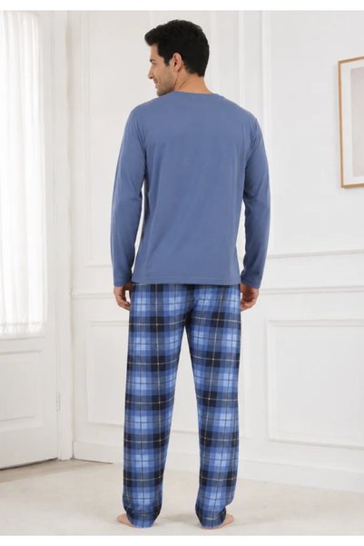 TOSKI Pijama Bărbați cu Mânecă Lungă, Bluză cu Imprimeu Text și Pantalon în Carouri