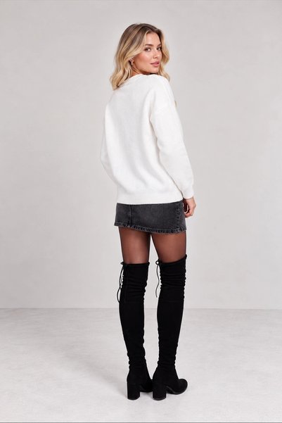 Lusin Women's White Stylish Heart Embroidered Buttoned Knitwear Cardigan (S/M)
