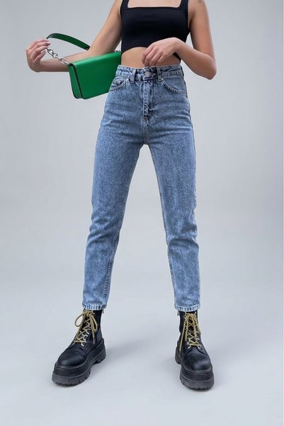 TugsatTasarTekstil Snow Light Blue High Waist Mom Boyfriend Jean Women's Powe...