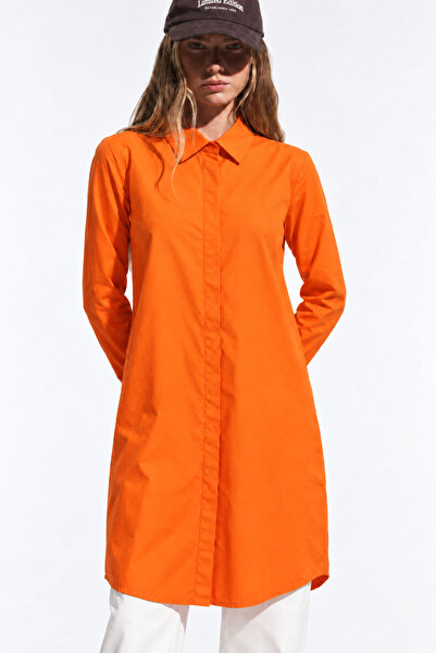 comstar Women's Long Sleeve Tunic Casual Buttoned Orange Shirt