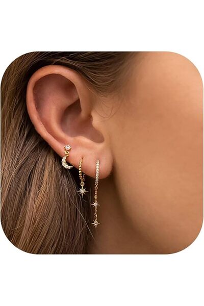 Hannea ® 3 Pairs Earrings Set for Women Gold Stud Hoop Earrings Moon Star Ear...