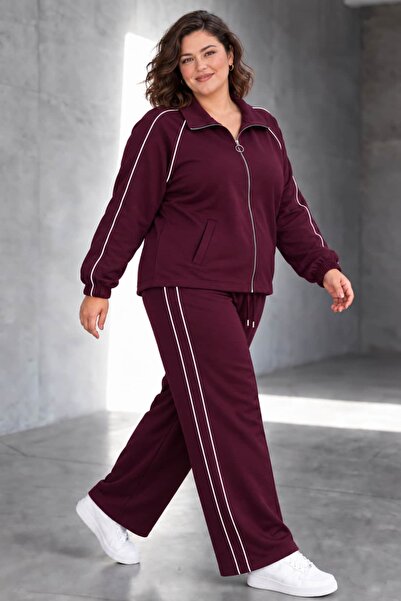 tarzımsüper Plus Size Women's Zipper Detailed Stripe Detailed Wide Leg Sweatpants Set