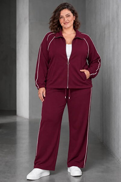 tarzımsüper Plus Size Women's Zipper Detailed Stripe Detailed Wide Leg Sweatp...