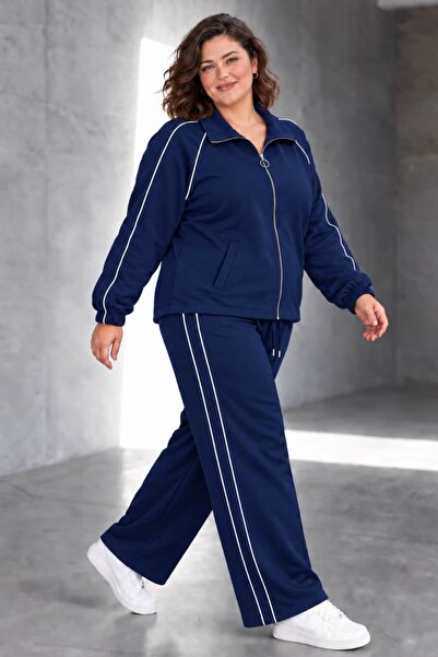 tarzımsüper Plus Size Women's Zipper Detailed Stripe Detailed Wide Leg Sweatpants Set