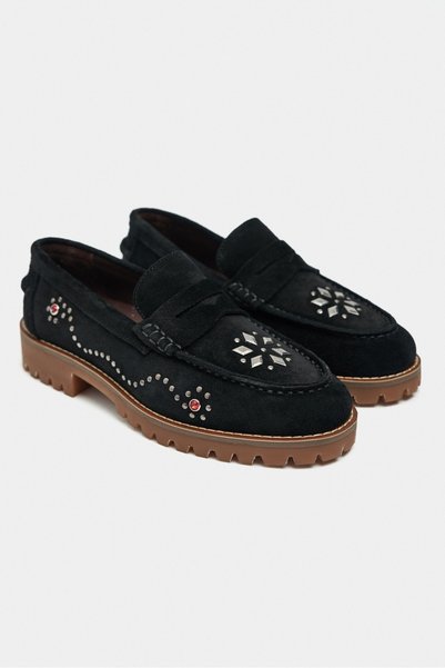 NİŞANTAŞI SHOES Clara Black Suede Leather Trok Detail Serrated Thick Sole Women's Penny Loafer
