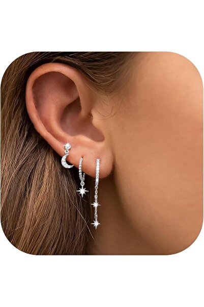 Hannea ® 3 Pairs Earrings Set for Women Sliver Stud Hoop Earrings Star Moon E...