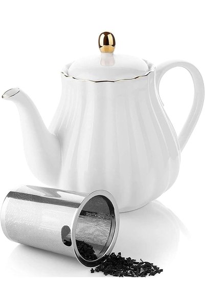 LeQQ Teapot,Ceramic Tea Pot with Removable Stainless Steel Infuser, White Cof...