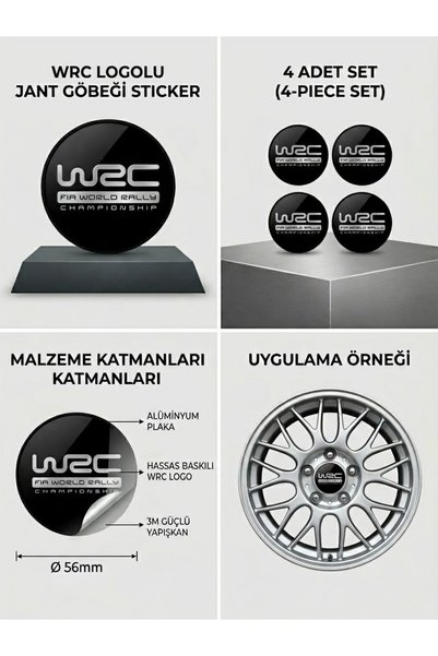 MemoDigital Wrc Logolu Alüminyum Jant Göbeği Arması Sticker 56mm - 4 Adet