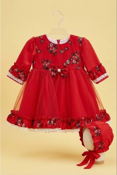 OEM Rochita rosie cu motive traditionale si boneta 3-6 luni