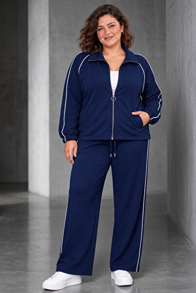 tarzımsüper Plus Size Women's Zipper Detailed Stripe Detailed Wide Leg Sweatp...