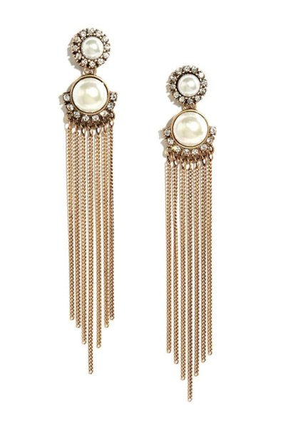 stravis Pearl Elegance Gold Color Pearl and Crystal Stone Detailed Long Chain Tassel Dangle Women's Earrings