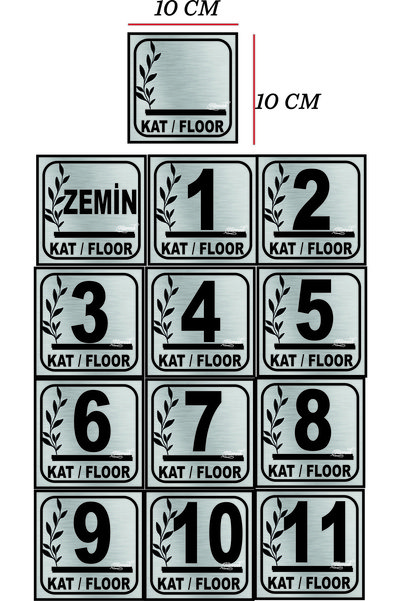 sıradışıhediyem Cat Number Silver Metal Plate Floor Number 11 and under 10X10 cm with Tape on the Back