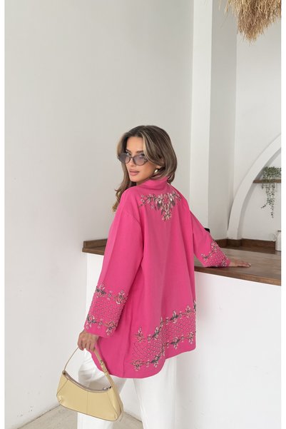 MİA NOURA Set pantaloni kimono pentru femei, cu mâneci brodate cu mărgele la ...