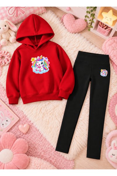 LORVEX Children's Hooded Sweatshirt, Skinny Leggings Set, Printed 3 Yarn Thre...