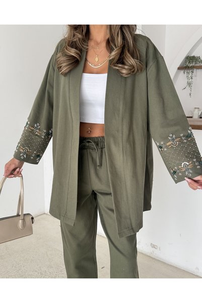 MİA NOURA Women's Back-To-Back Sleeves with Bead Embroidery Worked Kimono Pants Set