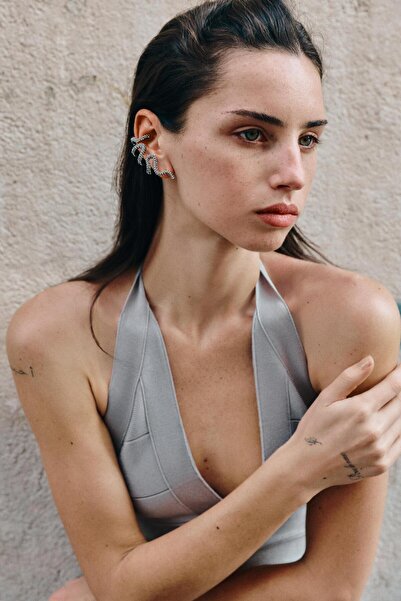 stravis Zircon Stone Silver Color Snake Figured Asymmetrical Design Earrings Ear Cuff