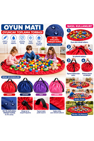Magiclady Oyuncak Toplama Torbası Oyun Matı 140x140 cm Oval – 190 Tel Kaplama...