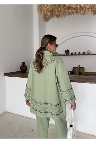 MİA NOURA Set pantaloni kimono pentru femei, cu mâneci brodate cu mărgele la ...
