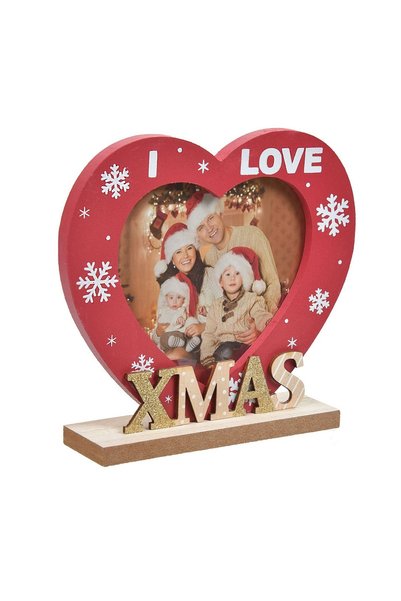 OEM Ramă Foto de Crăciun din Lemn 13x15 cm, Inimă Roșie „I Love Xmas” cu Glit...