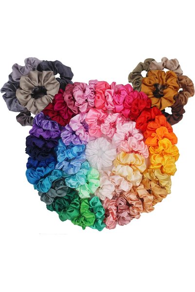 BeeVines Hair Scrunchies 60 Pack, Satin Silk Curly Hair Ties for Women