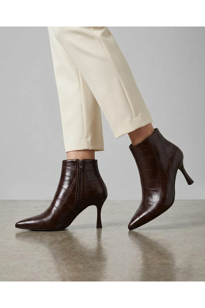 Chantaky Bitter Brown Crocodile Printed Thin Heeled Women's Boots