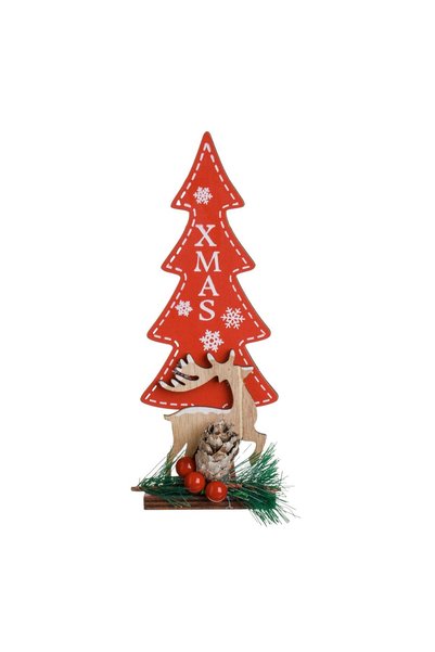 OEM Brad Decorativ din Lemn Roșu cu Ren, 20,5 cm – Ornament Rustic pentru Mas...
