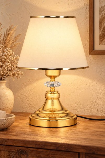 Luna Modern Gold Kristal Detaylı Krem Kumaş Başlıklı 35 cm Abajur Masa Lambası