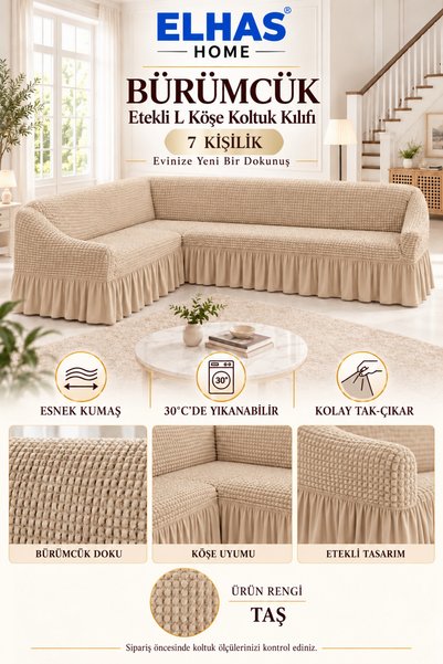 ELHAS Bürümcük Fabric 7-Seater L Corner Sofa Cover with Skirt