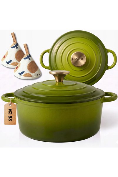 HAGE Oala din fonta emailata 5 L cu capac, verde masliniu, 26 cm –