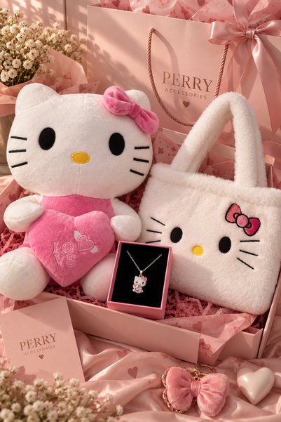 Perry Accesories hello kitty oyuncak peluş ,peluş çanta ve kararmaz çelik kol...