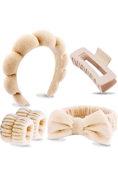 ELECDON 5-Pack Khaki Puffy Sponge Spa Headbands for Face Wash, Makeup & Skinc...