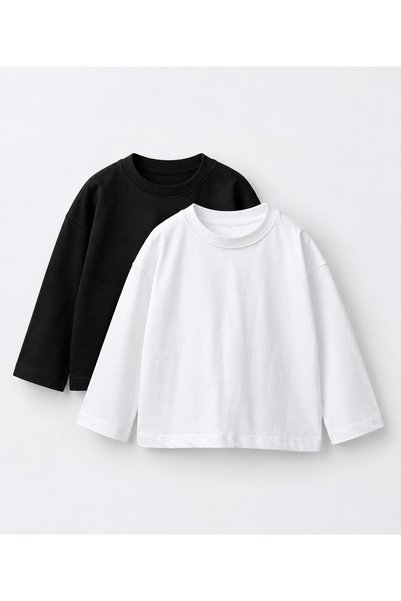 hety Children's Unisex Oversize Long Cotton Long Sleeve 2-Piece T-Shirt Set