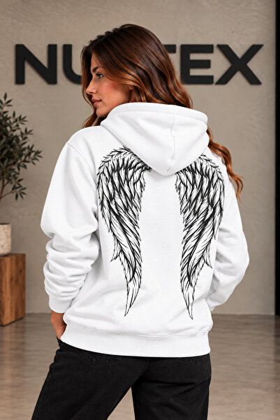 NUATEX Angel Winged Angel Written 3-Threaded Hooded Regular Fit Sweatshirt