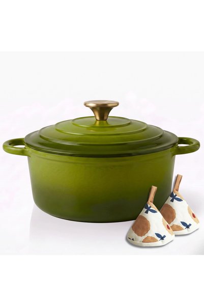 HAGE Oala din fonta emailata 4 L cu capac, verde masliniu, 24 cm –