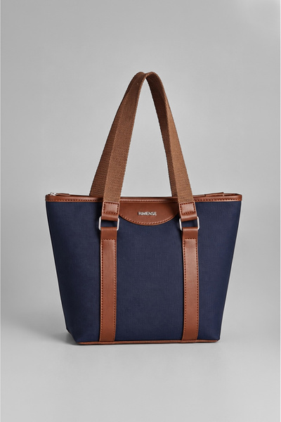 Rimense Women's Navy Blue Tan Zippered Lined Hand and Shoulder Bag
