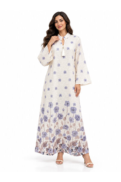 White colour Women's Long Gradient Floral Print Elegant Lapel Wide Sleeve Robe