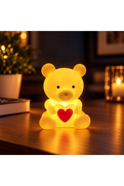Coverzone Kalpli Ayıcık LED Gece Lambası Pilli Çocuk Odası Dekoratif Masaüstü...