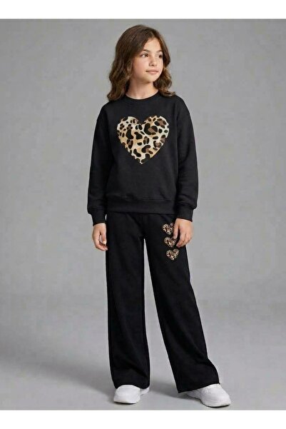 Kids Zimski devojački set: crna majica sa leopard uzorkom i širokih pantalona