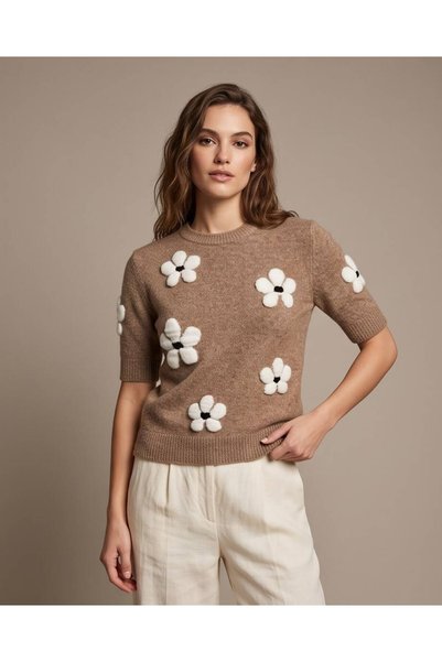 Trend Kapında Pulover tricotat cu mânecă scurtă, cu aplicații florale, pentru...