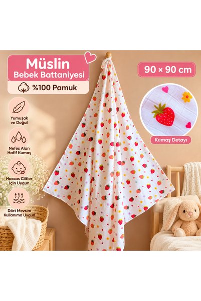 Genel Markalar Bebek Battaniyesi Müslin Örtü 90x90cm 100% Pamuk - Pembe ve Fu...
