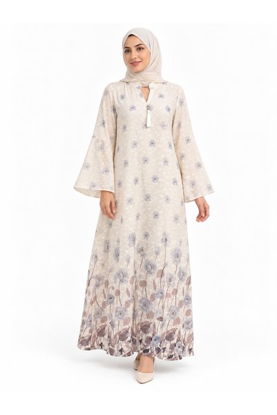 White colour Women's Long Gradient Floral Print Elegant Lapel Wide Sleeve Robe