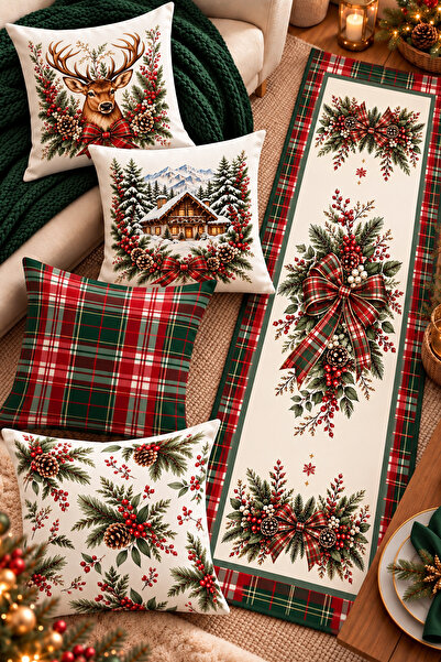 Bertille Home Christmas Series 4-Piece Throw Pillow Cover + 1 Runner Set Digi...