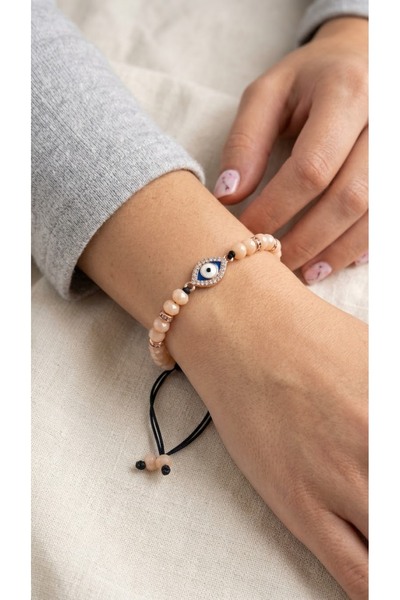 VLDORO Women's Salmon Powder Beaded Zircon Stone Evil Eye Bead Detailed Draws...