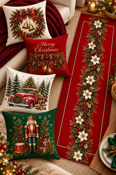Bertille Home Christmas Series 4-Piece Throw Pillow Cover + 1 Runner Set Digi...